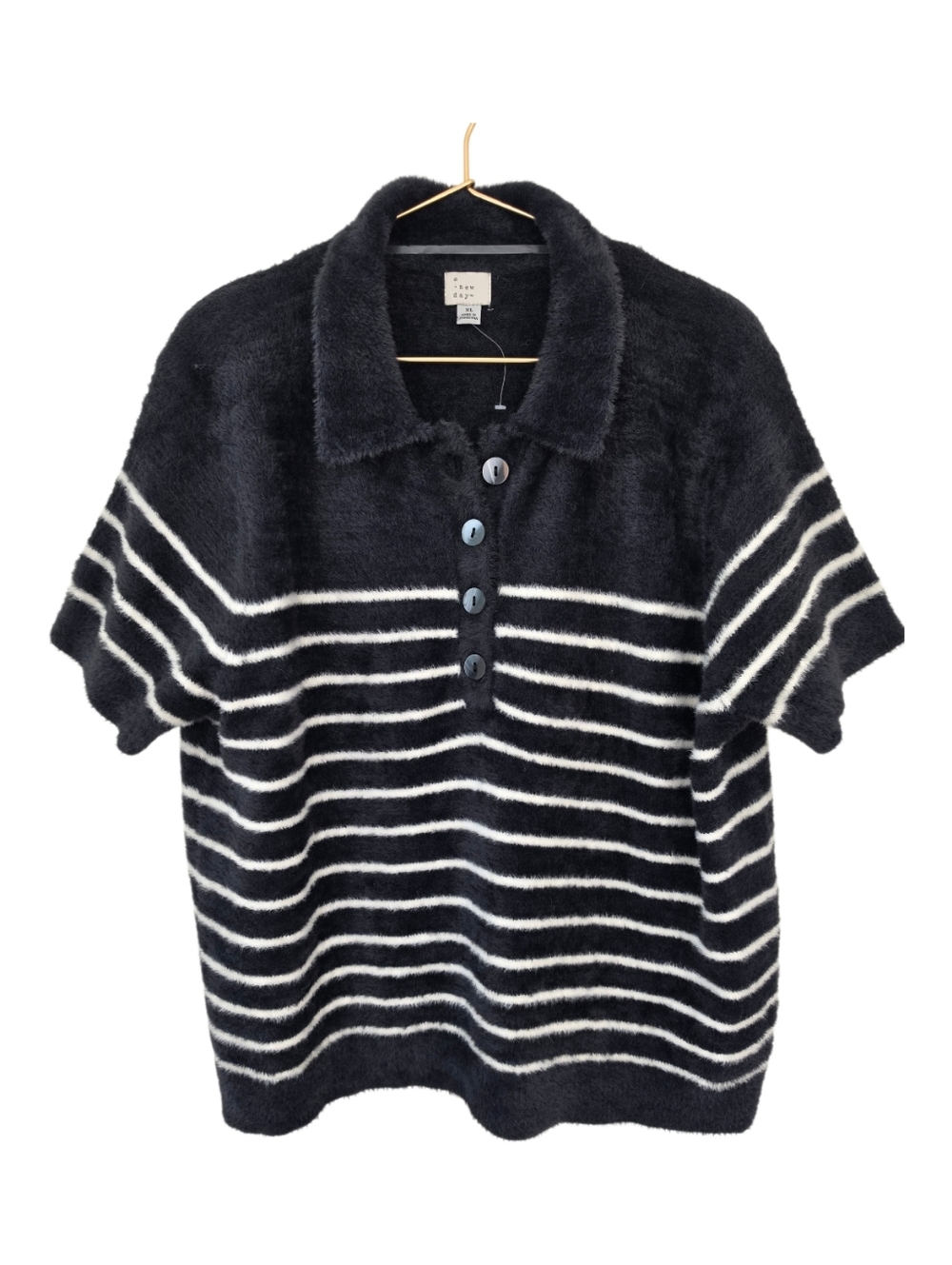 A New Day Striped Polo Style Fuzzy Short Sleeve Sweater XL